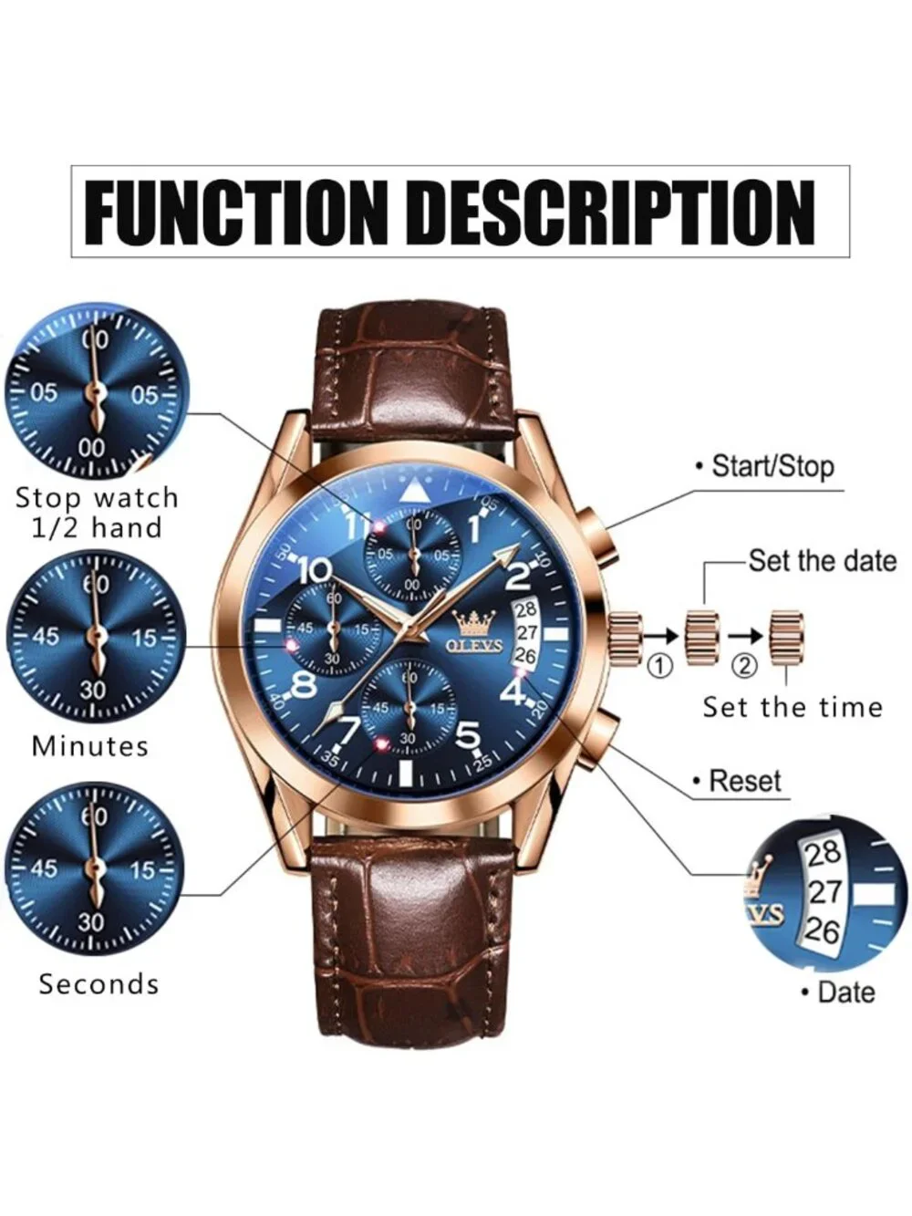 Stylish Brown Leather Men's Watch, Large Face Chronograph, Waterproof Analog